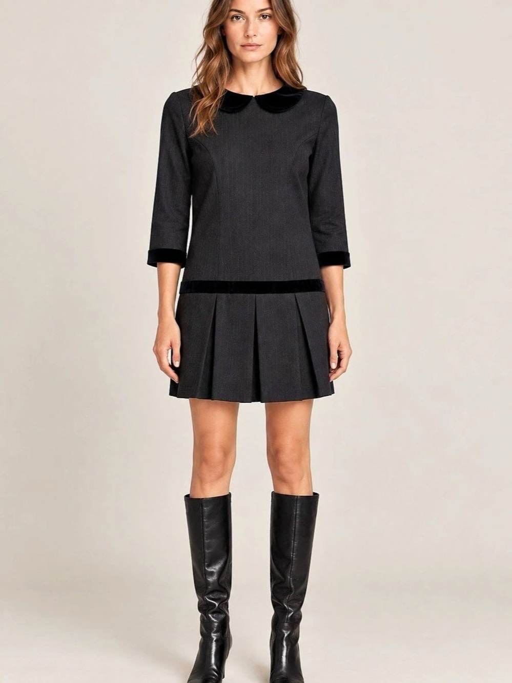 Sisley Y2K Drop Waist Dress S Charcoal Pinstripe Velvet Collar Pleated Preppy